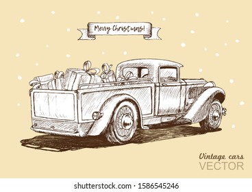 Pickup truck with gifts. Linear hand drawing, sketch. Christmas and New Year card.