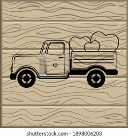 Pickup truck with Hearts line design. Cute retro farm truck, valentine hearts on wooden background. Vector doodle illustration for engraving, valentine's day greeting card, invitation, poster.