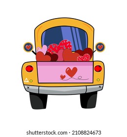 Pickup truck with Hearts. Yellow retro farm truck, valentine hearts isolated on white background. Happy Valentine's Day. Vector doodle illustration.