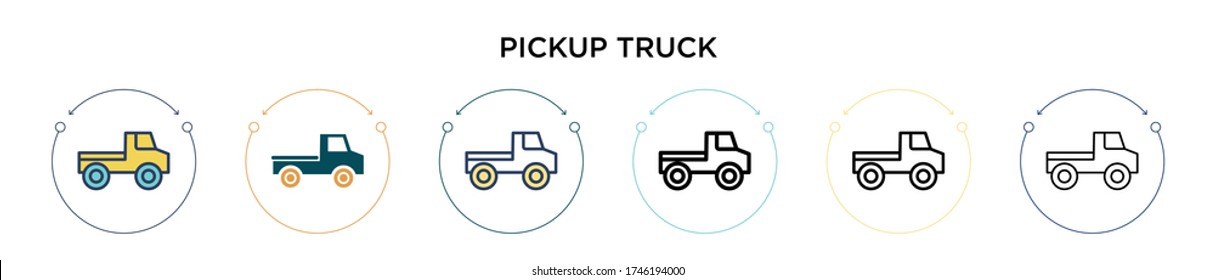 Pickup truck icon in filled, thin line, outline and stroke style. Vector illustration of two colored and black pickup truck vector icons designs can be used for mobile, ui, web