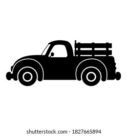 Pickup truck icon. Old farm car. Black silhouette. Side view. Vector flat graphic illustration. The isolated object on a white background. Isolate.