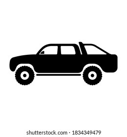 Pickup truck icon. Passenger off-road SUV. Black silhouette. Side view. Vector flat graphic illustration. The isolated object on a white background. Isolate.