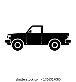 Pickup truck icon. Side view. Black silhouette. Vector flat graphic illustration. Isolated object on a white background. Isolate.