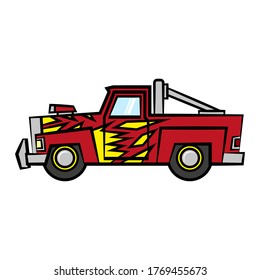 Pickup truck icon. Side view. Racing SUV. Colored silhouette. Hand drawn vector flat graphic illustration. Isolated object on a white background. Isolate.