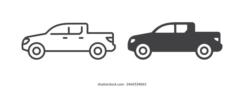 Iconos de camionetas en estilos de línea y sólidos, pictogramas de Vector plano. Diseños en blanco y negro perfectos para representar servicios públicos y transporte de carga resistentes.