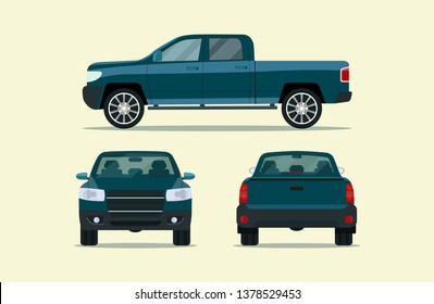 Pickup truck isolated. Pickup truck with side view, back view and front view. Vector flat style illustration