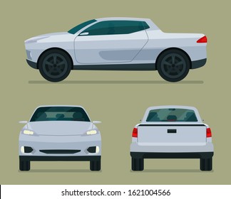 Pickup truck isolated. Pickup truck with side view, back view and front view. Vector flat style illustration.