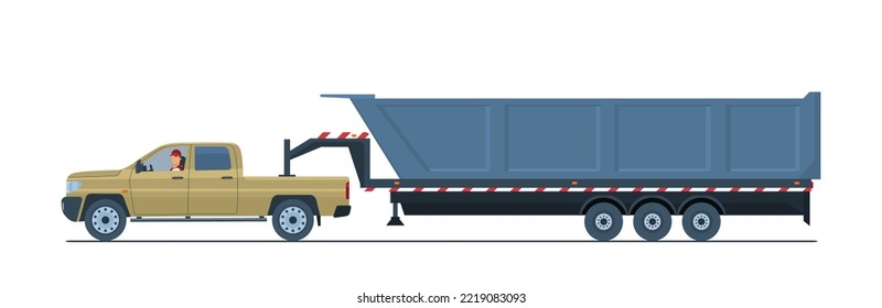 Pickup truck with a large tipper trailer and a male driver. Vector illustration.