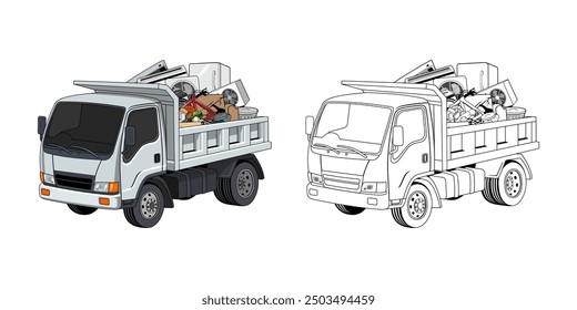 Pickup Truck Loaded Household Junk Cartoon Design Illustration vector eps format suitable for your design needs logo illustration animation etc