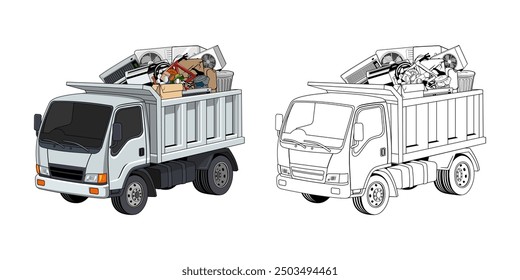 Camioneta Cargada Hogar Basura Diseño de dibujos animados Ilustración Vector EPS formato adecuado para sus necesidades de diseño logotipo ilustración animación etc