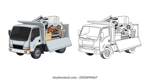 Pickup Truck Loaded Household Junk Cartoon Design Illustration vector eps format suitable for your design needs logo illustration animation etc