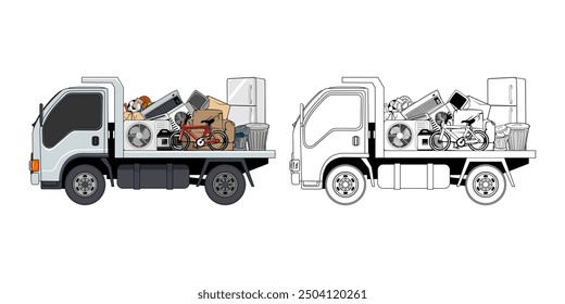 Pickup Truck Loaded Household Junk Cartoon Design Illustration vector eps format suitable for your design needs logo illustration animation etc