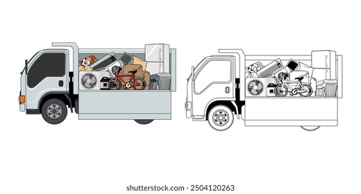 Pickup Truck Loaded Haushalt Junk Cartoon Design Illustration Vektor eps Format geeignet für Ihr Design braucht Logo Illustration Animation etc