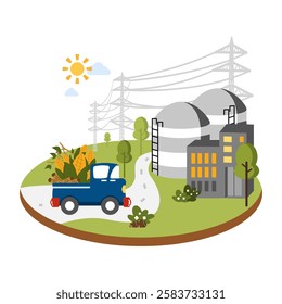 A pickup truck loaded with wood scraps and corn is being transported to a biomass energy plant. The process of converting organic materials into renewable energy.