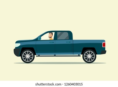 Pickup truck with man isolated.  Vector flat style illustration
