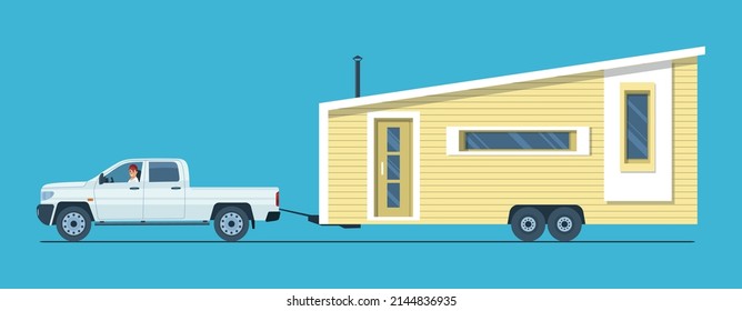 A Pickup Truck With A Man At The Wheel Is Towing A Tiny House. Vector Illustration.