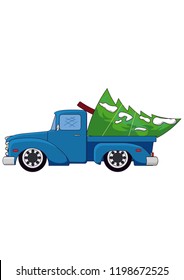 pickup truck, old scool car, blue, lowered, with Christmass tree, 
we are taking the Christmas tree home