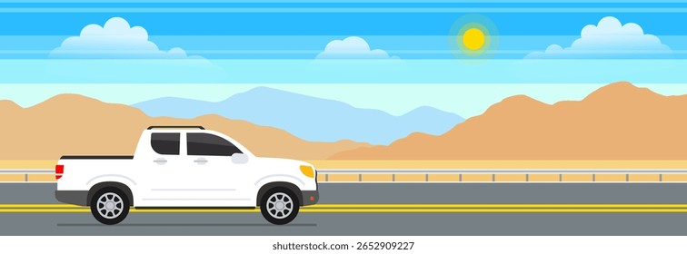 pickup truck  on the desert road highway landscape background vector illustration