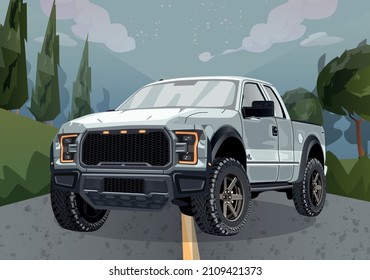 pickup truck on the road , front view 