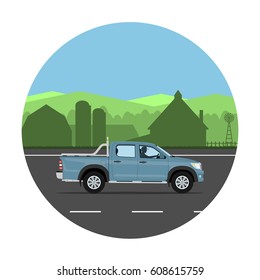 Pickup truck on the village road. Man driving the car. Vector illustration. Flat design, without gradients and effects.