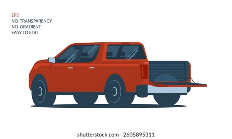 Pickup truck with open tailgate. 3\4 view from the rear. Vector illustration.