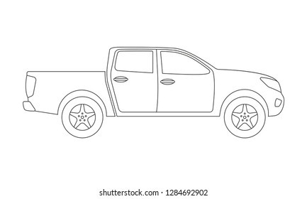 Pickup truck outline icon. Side view. Pick-up car or vehicle silhouette. Vector illustration.