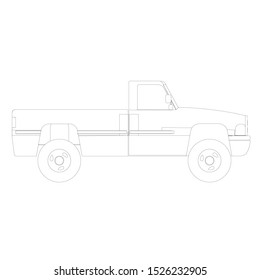Pickup truck outline on a white background. Side view. Vector illustration.