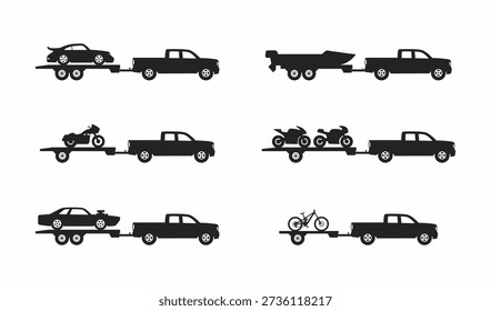 Pickup truck pulling trailer with sport and muscle car, racing motorcycles, downhill bike, boat side view vector illustration