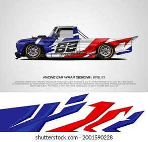 Pickup truck racing wrap design vector for race car, rally, adventure vehicle and sport livery. Graphic abstract stripe racing background kit designs. eps 10