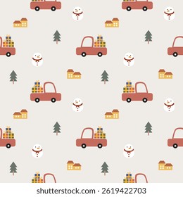 Pickup truck red and gift box cartoon so cute. On tree house snowman background. Pattern seamless vector illustration. 