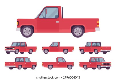 Pickup truck red set with cab and open cargo area. Large passenger van car, commercial vehicle for country travel or city delivery business. Vector flat style cartoon illustration, different views