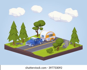 Pickup truck with RV camper on the highway. 3D lowpoly isometric vector concept illustration