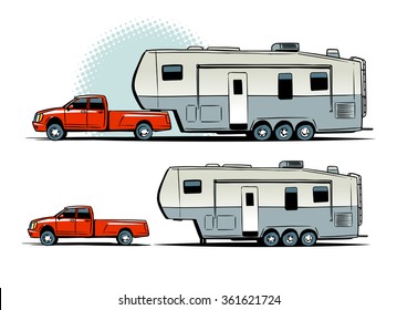 Pickup Truck With RV Trailer. Side View. Illustration Isolated On White Background