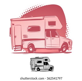 pickup truck RV trailer side view cartoon illustration svg