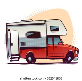 Pickup Truck RV Trailer Side View Cartoon Illustration