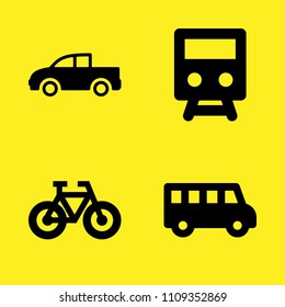 pickup truck, school bus, train front view and bicycle vector icon set. Sample icons set for web and graphic design