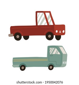 Pickup truck set. Two icons of pickup isolated on white background. Cargo truck for delivery service. Shipping transportation concept. Vintage retro pickup car in flat vector cartoon style.