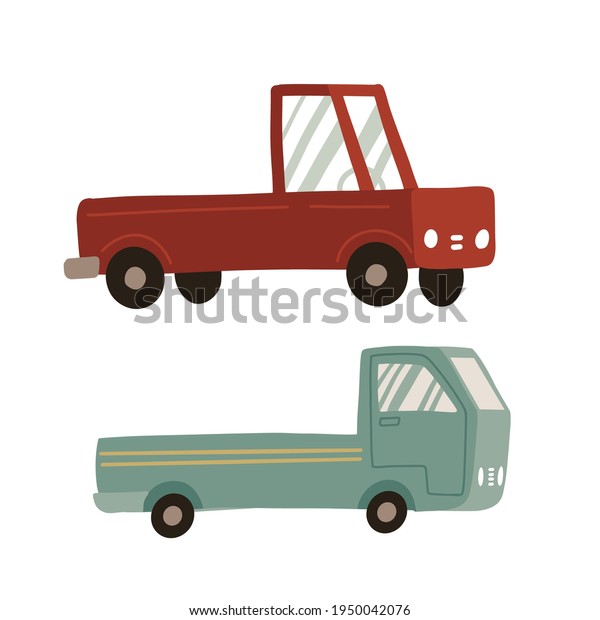 Pickup truck set. Two icons of pickup isolated on\
white background. Cargo truck for delivery service. Shipping\
transportation concept. Vintage retro pickup car in flat vector\
cartoon style.