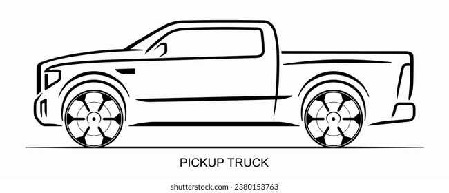 Pickup truck silhouette isolated on white background. Side view of the double-cab pickup truck. Line art design template. Vector illustration.