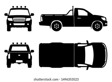 Pickup truck silhouette on white background. Vehicle icons set view from side, front, back, and top