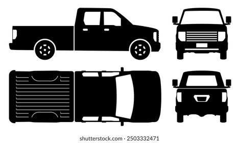 Pickup truck silhouette on white background. Vehicle icons set view from the side, front and back.