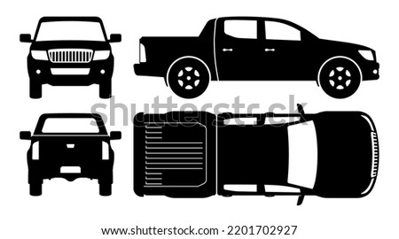 Pickup truck silhouette on white background. Vehicle icons set view from side, front, back, and top