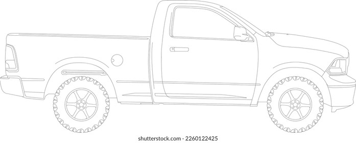 Pickup Truck Silhouette Outlined, Side View Illustration	