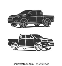 Pickup Truck Silhouette Set Outline And Black Icon Vector