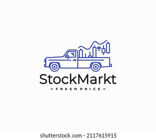 Pickup truck with stock market graph logo design. Car with candle stick graph chart and indicator vector design. 
Stock exchange market graph, business analysis, forex trading graph and financial logo