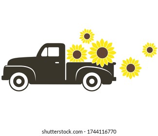 Pick-up Truck with Sunflowers Vector Illustration on White