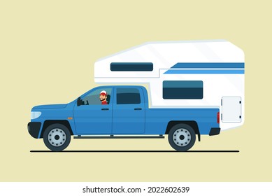 Pickup truck with a touring trailer mounted in the back isolated. Vector illustration.