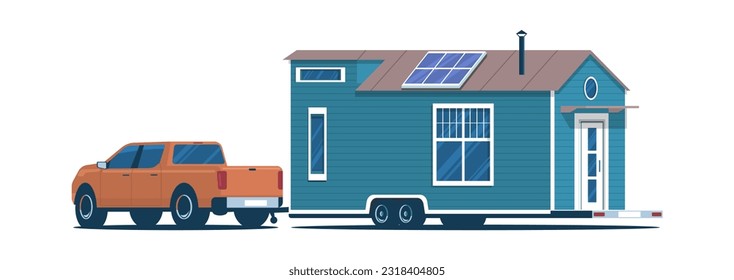 Pickup truck towing a tiny house on a wheeled chassis isolated. Vector illustration.