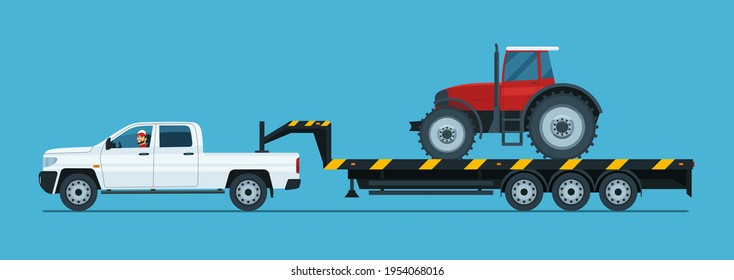 A pickup truck tows a tractor on a trailer isolated. Vector flat style illustration.