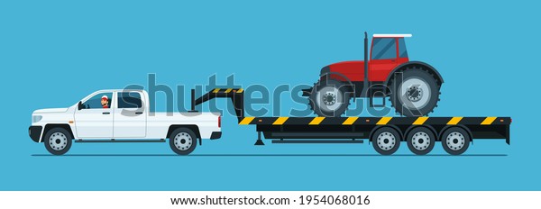 A pickup truck tows a tractor on a\
trailer isolated. Vector flat style\
illustration.